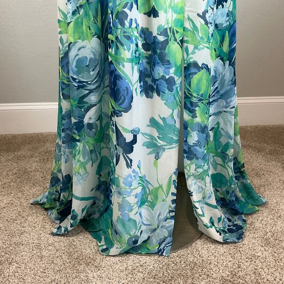 Eliza J Women's Floral Chiffon Evening Gown Blue Size 12 Cut Out Maxi Dress - Picture 9 of 14